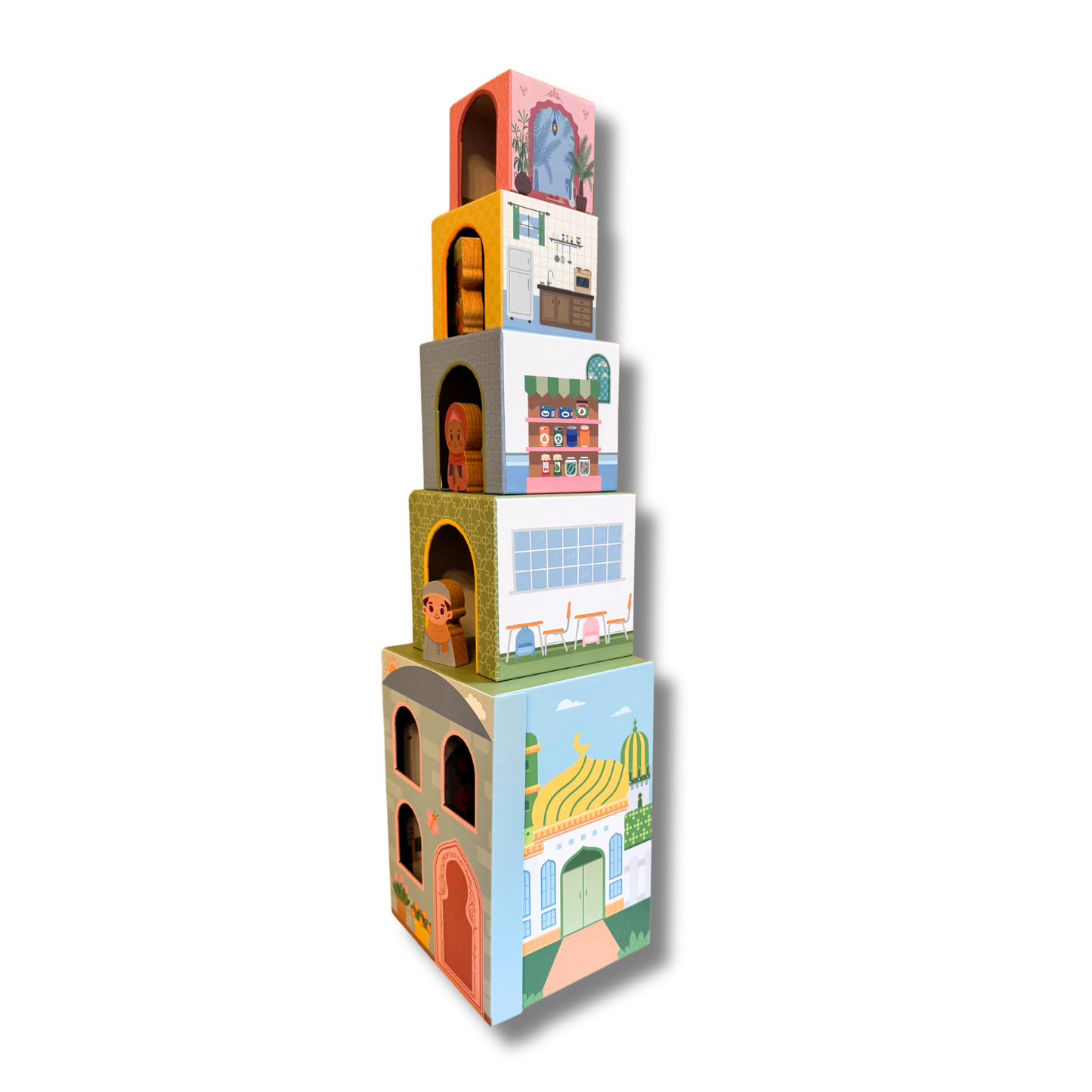 Stacking Houses (Set of 5 Houses and 3 Hardwood Characters)